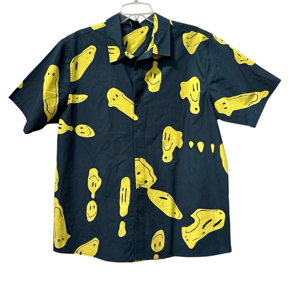 Neff Navy Blue Yellow Melting Happy Face Button Down Shirt size Large All Cotton